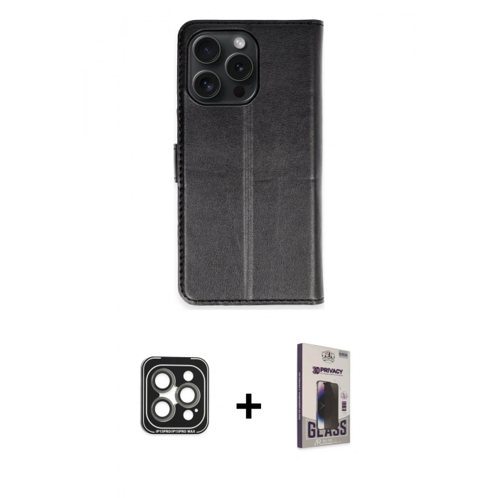 MARSİLYAN™- iPhone 15 Pro Max Kılıf Siluet Işık Serisi - Siyah Bilvis Hayalet Cam Ekran Koruyucu + PVD Metal Kamera Lens - GI