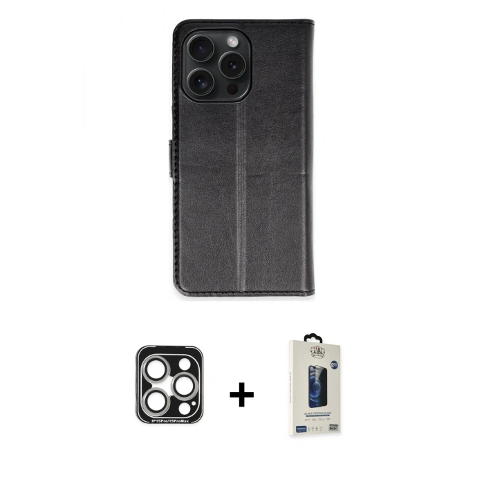 MARSİLYAN™- iPhone 15 Pro Max Kılıf Siluet Işık Serisi - Siyah Bilvis Hayalet Cam Ekran Koruyucu + PVD Metal Kamera Lens - GS