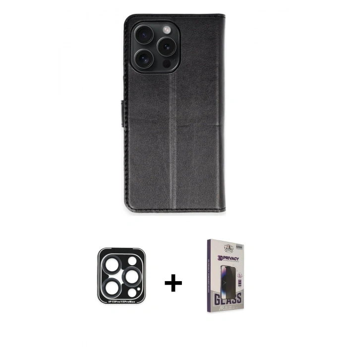MARSİLYAN™- iPhone 15 Pro Max Kılıf Siluet Işık Serisi - Siyah Bilvis Hayalet Cam Ekran Koruyucu + PVD Metal Kamera Lens - LT