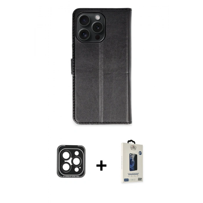 MARSİLYAN™- iPhone 15 Pro Max Kılıf Siluet Işık Serisi - Siyah Bilvis Hayalet Cam Ekran Koruyucu + PVD Metal Kamera Lens - SH