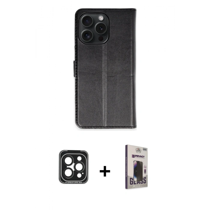 MARSİLYAN™- iPhone 15 Pro Max Kılıf Siluet Işık Serisi - Siyah Bilvis Hayalet Cam Ekran Koruyucu + PVD Metal Kamera Lens - SH