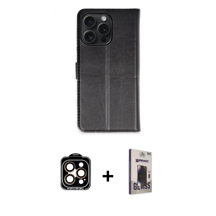 MARSİLYAN™- iPhone 15 Pro Max Kılıf Siluet Işık Serisi - Siyah Bilvis Hayalet Cam Ekran Koruyucu + PVD Metal Kamera Lens - TU