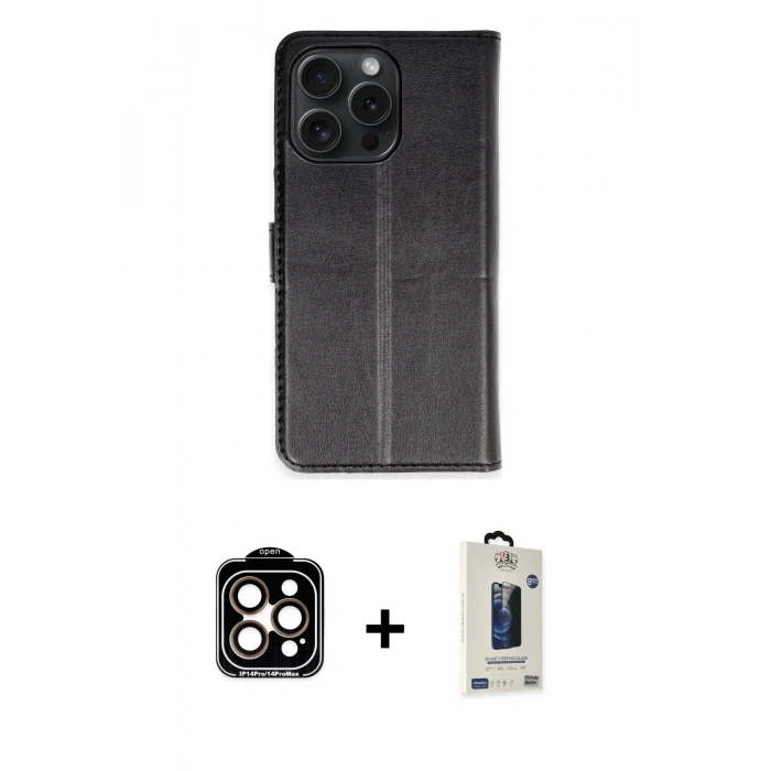 MARSİLYAN™- iPhone 15 Pro Max Kılıf Siluet Işık Serisi - Siyah Bilvis Hayalet Cam Ekran Koruyucu + Turuncu PVD Metal Kamera Lens