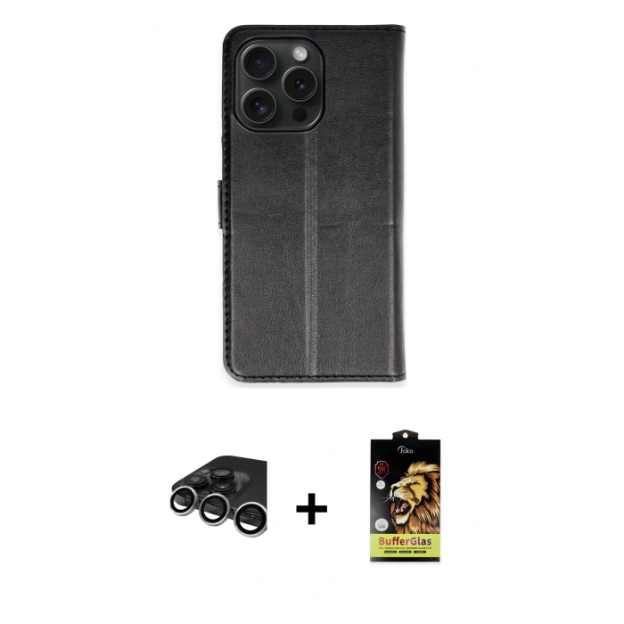 MARSİLYAN™- iPhone 15 Pro Max Kılıf Siluet Işık Serisi - Siyah Buffer Cam Ekran Koruyucu + Raze Metal Kamera Lens - GS