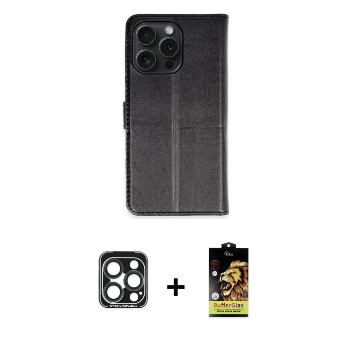 MARSİLYAN™- iPhone 15 Pro Max Kılıf Siluet Işık Serisi - Siyah Buffer Cam Ekran Koruyucu + PVD Metal Kamera Lens - LT