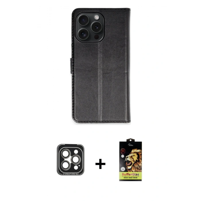 MARSİLYAN™- iPhone 15 Pro Max Kılıf Siluet Işık Serisi - Siyah Buffer Cam Ekran Koruyucu + PVD Metal Kamera Lens - GI
