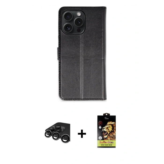 MARSİLYAN™- iPhone 15 Pro Max Kılıf Siluet Işık Serisi - Siyah Buffer Cam Ekran Koruyucu + Raze Metal Kamera Lens - TMGI