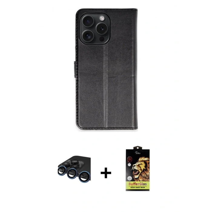 MARSİLYAN™- iPhone 15 Pro Max Kılıf Siluet Işık Serisi - Siyah Buffer Cam Ekran Koruyucu + Raze Metal Kamera Lens - LT