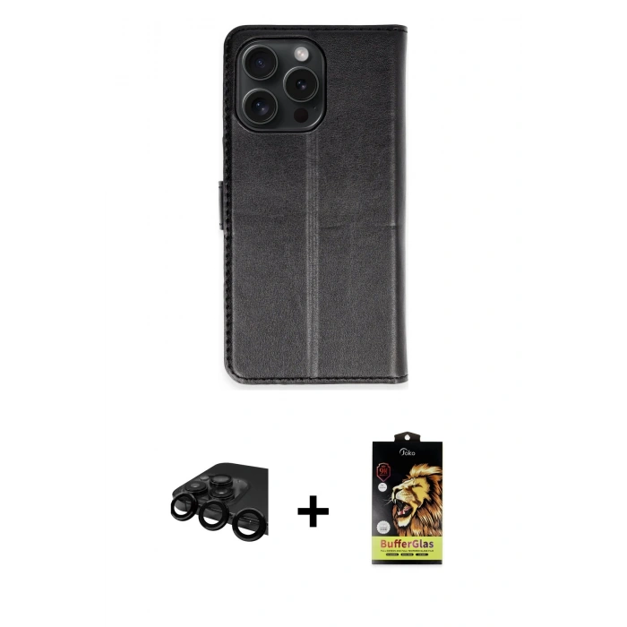 MARSİLYAN™- iPhone 15 Pro Max Kılıf Siluet Işık Serisi - Siyah Buffer Cam Ekran Koruyucu + Raze Metal Kamera Lens - SH