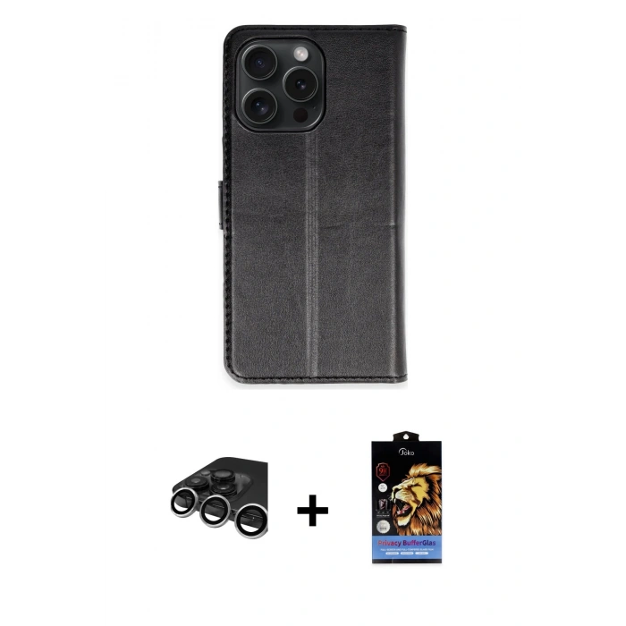 MARSİLYAN™- iPhone 15 Pro Max Kılıf Siluet Işık Serisi - Siyah Buffer Hayalet Cam Ekran Koruyucu + Raze Metal Kamera Lens - GS