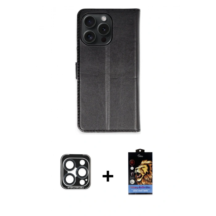 MARSİLYAN™- iPhone 15 Pro Max Kılıf Siluet Işık Serisi - Siyah Buffer Hayalet Cam Ekran Koruyucu + PVD Metal Kamera Lens - LT