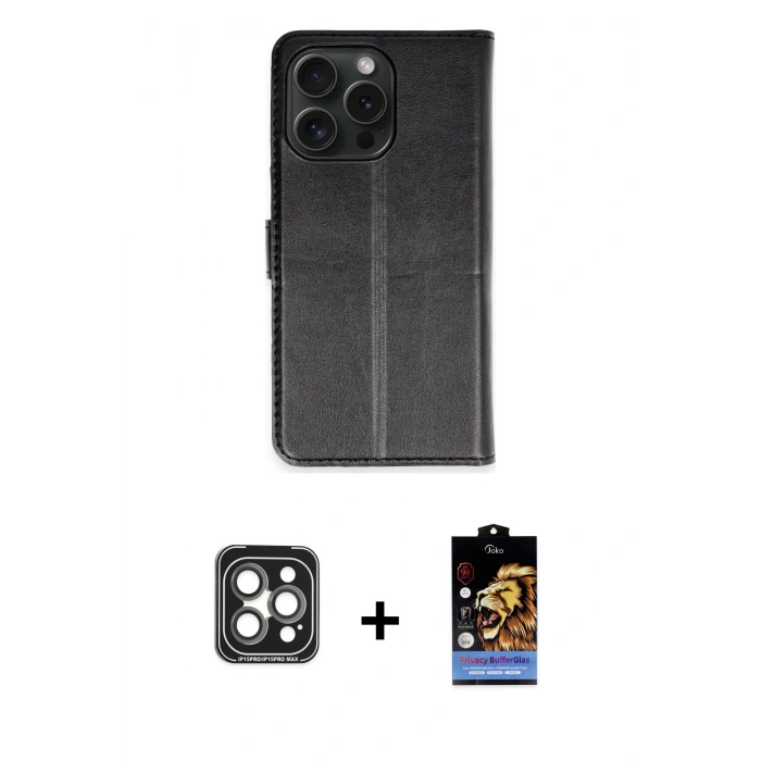 MARSİLYAN™- iPhone 15 Pro Max Kılıf Siluet Işık Serisi - Siyah Buffer Hayalet Cam Ekran Koruyucu + PVD Metal Kamera Lens - GI