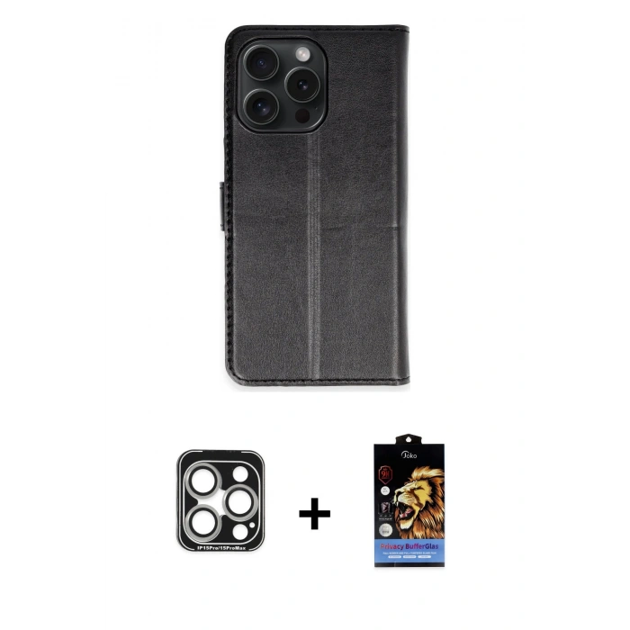 MARSİLYAN™- iPhone 15 Pro Max Kılıf Siluet Işık Serisi - Siyah Buffer Hayalet Cam Ekran Koruyucu + PVD Metal Kamera Lens - GS