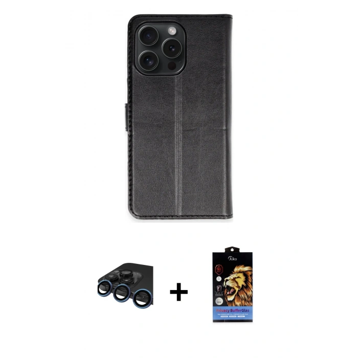 MARSİLYAN™- iPhone 15 Pro Max Kılıf Siluet Işık Serisi - Siyah Buffer Hayalet Cam Ekran Koruyucu + Raze Metal Kamera Lens - LT
