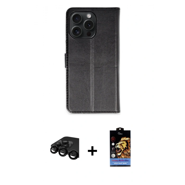 MARSİLYAN™- iPhone 15 Pro Max Kılıf Siluet Işık Serisi - Siyah Buffer Hayalet Cam Ekran Koruyucu + Raze Metal Kamera Lens - SH