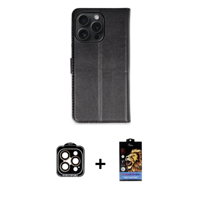 MARSİLYAN™- iPhone 15 Pro Max Kılıf Siluet Işık Serisi - Siyah Buffer Hayalet Cam Ekran Koruyucu + PVD Metal Kamera Lens - TU