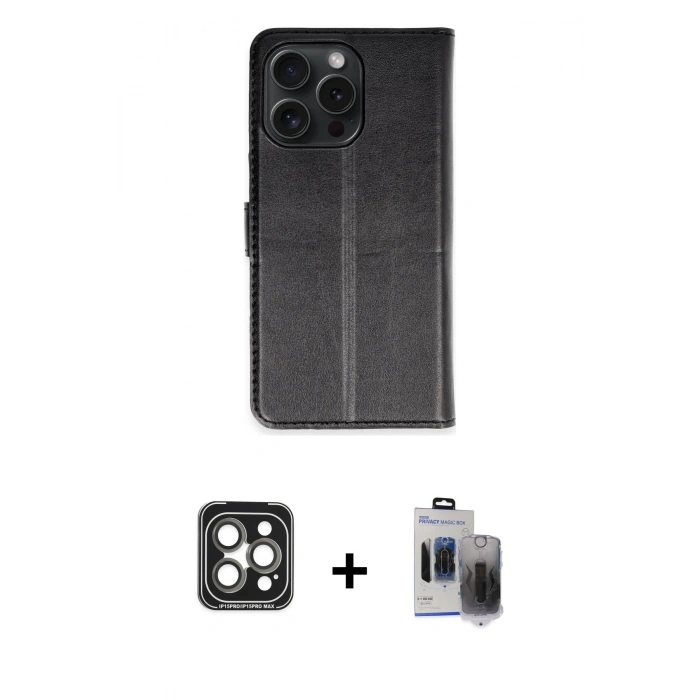MARSİLYAN™- iPhone 15 Pro Max Kılıf Siluet Işık Serisi - Siyah Vanessa Magic Hayalet Cam + Gri PVD Metal Kamera Lens