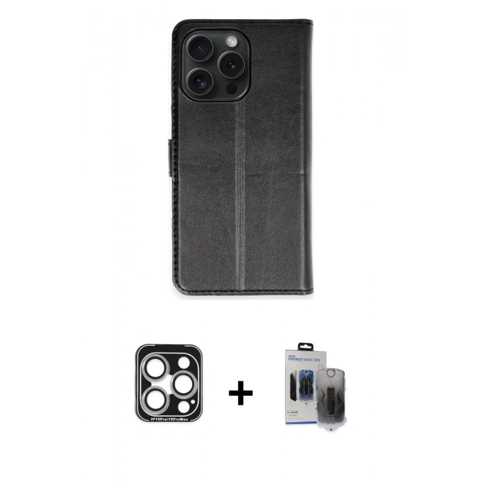 MARSİLYAN™- iPhone 15 Pro Max Kılıf Siluet Işık Serisi - Siyah Vanessa Magic Hayalet Cam + PVD Metal Kamera Lens - GS