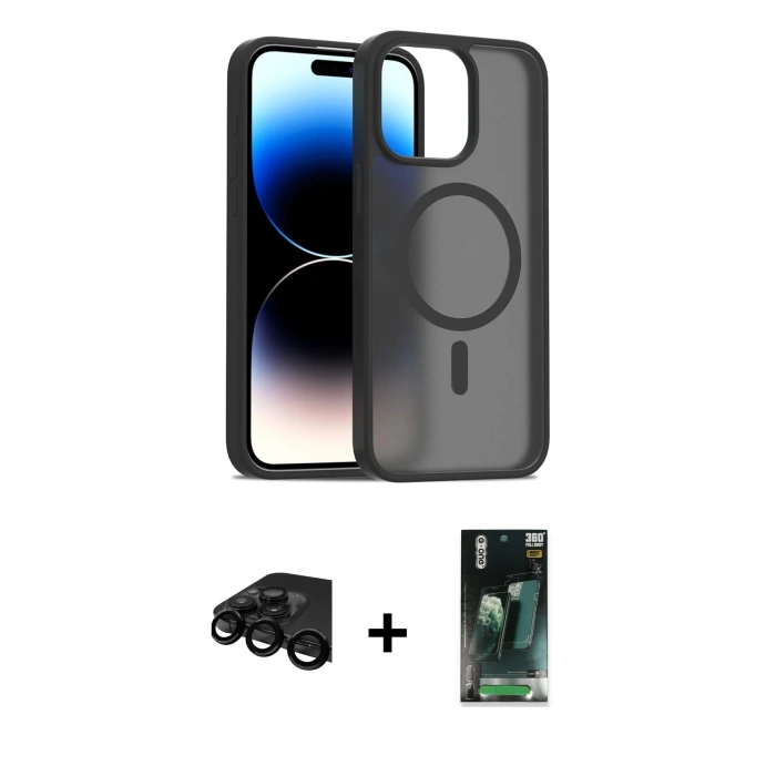 MARSİLYAN™- iPhone 15 Pro Max Kılıf Siluet Minimal Prime - Şeffaf 360 Full Body Arka Koruyucu + Raze Metal Kamera Lens - SH