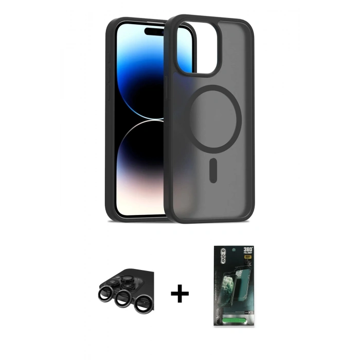MARSİLYAN™- iPhone 15 Pro Max Kılıf Siluet Minimal Prime - Şeffaf 360 Full Body Arka Koruyucu + Titanyum Gri Raze Metal Kamera Lens
