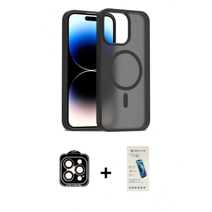 MARSİLYAN™- iPhone 15 Pro Max Kılıf Siluet Minimal Prime - Şeffaf Pasifik Cam Ekran Koruyucu + PVD Metal Kamera Lens - TU