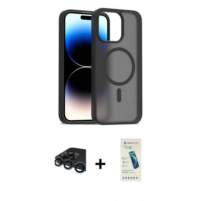 MARSİLYAN™- iPhone 15 Pro Max Kılıf Siluet Minimal Prime - Şeffaf Pasifik Cam Ekran Koruyucu + Raze Metal Kamera Lens - LT