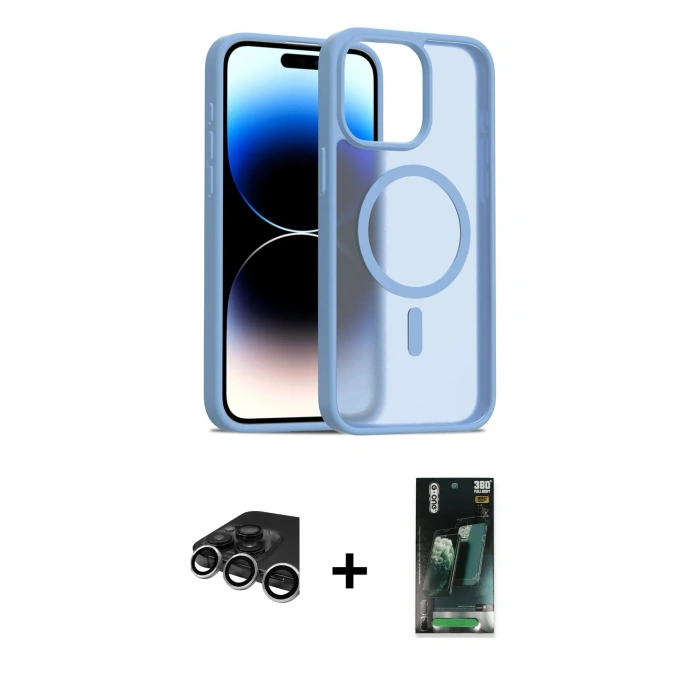 MARSİLYAN™- iPhone 15 Pro Max Kılıf Siluet Minimal Prime - Siyah 360 Mat Full Body Arka Koruyucu + Gümüş Raze Metal Kamera Lens