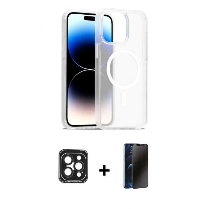 MARSİLYAN™- iPhone 15 Pro Max Kılıf Siluet Minimal Prime - Siyah 3D Antistatik Hayalet Cam Ekran Koruyucu + PVD Metal Kamera Lens - SH