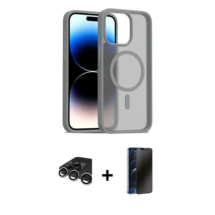 MARSİLYAN™- iPhone 15 Pro Max Kılıf Siluet Minimal Prime - Siyah 3D Antistatik Hayalet Cam Ekran Koruyucu + Raze Metal Kamera Lens - GS