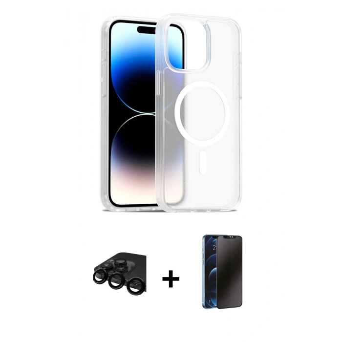 MARSİLYAN™- iPhone 15 Pro Max Kılıf Siluet Minimal Prime - Siyah 3D Antistatik Hayalet Cam Ekran Koruyucu + Siyah Raze Metal Kamera Lens