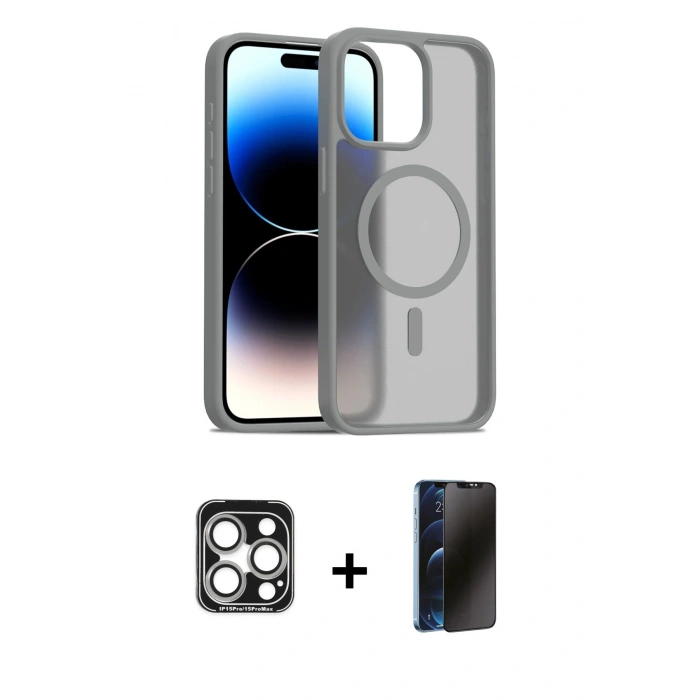 MARSİLYAN™- iPhone 15 Pro Max Kılıf Siluet Minimal Prime - Siyah 3D Antistatik Hayalet Cam Ekran Koruyucu + Gümüş PVD Metal Kamera Lens