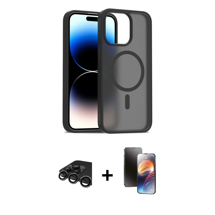 MARSİLYAN™- iPhone 15 Pro Max Kılıf Siluet Minimal Prime - Siyah 3D Antistatik Mat Seramik Nano Ekran Koruyucu + Raze Metal Kamera Lens - TMGI