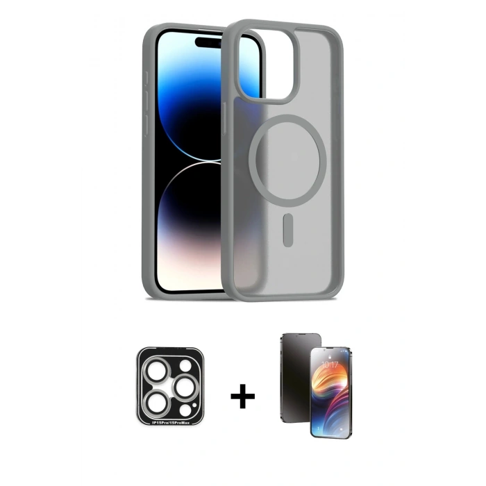 MARSİLYAN™- iPhone 15 Pro Max Kılıf Siluet Minimal Prime - Siyah 3D Antistatik Mat Seramik Nano Ekran Koruyucu + PVD Metal Kamera Lens - GS