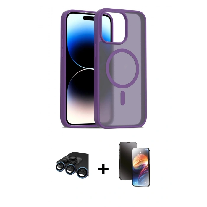 MARSİLYAN™- iPhone 15 Pro Max Kılıf Siluet Minimal Prime - Siyah 3D Antistatik Mat Seramik Nano Ekran Koruyucu + Raze Metal Kamera Lens - LT