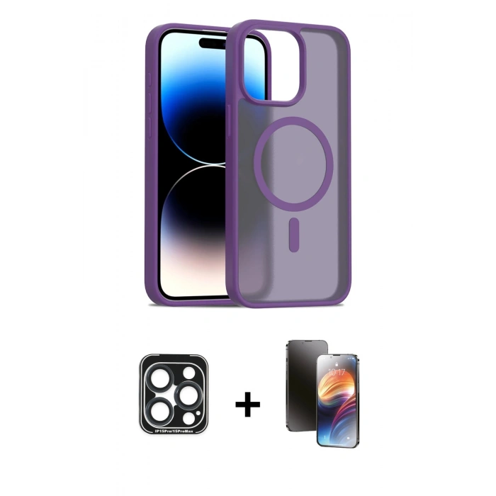 MARSİLYAN™- iPhone 15 Pro Max Kılıf Siluet Minimal Prime - Siyah 3D Antistatik Mat Seramik Nano Ekran Koruyucu + PVD Metal Kamera Lens - LT