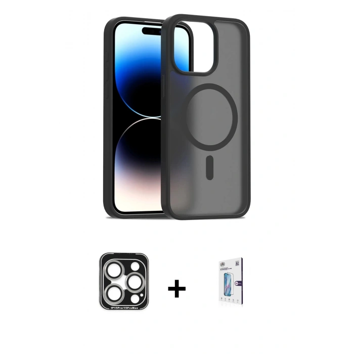 MARSİLYAN™- iPhone 15 Pro Max Kılıf Siluet Minimal Prime - Siyah Bilvis 0.18mm Plus Cam Ekran Koruyucu + PVD Metal Kamera Lens - GS