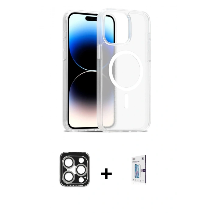 MARSİLYAN™- iPhone 15 Pro Max Kılıf Siluet Minimal Prime - Siyah Bilvis 0.18mm Plus Cam Ekran Koruyucu + PVD Metal Kamera Lens - GS
