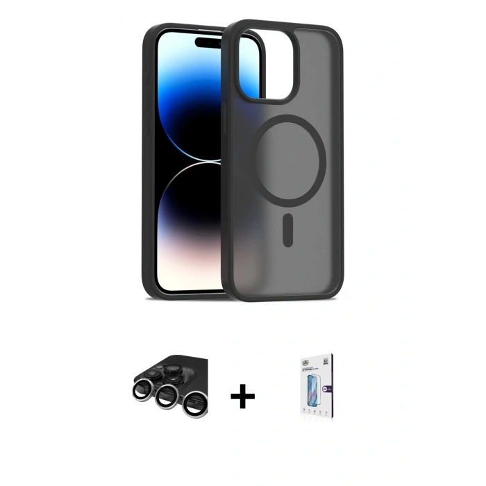 MARSİLYAN™- iPhone 15 Pro Max Kılıf Siluet Minimal Prime - Siyah Bilvis 0.18mm Plus Cam Ekran Koruyucu + Raze Metal Kamera Lens - GS