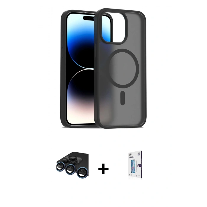 MARSİLYAN™- iPhone 15 Pro Max Kılıf Siluet Minimal Prime - Siyah Bilvis 0.18mm Plus Cam Ekran Koruyucu + Raze Metal Kamera Lens - LT