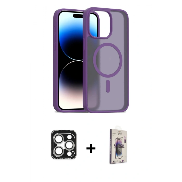 MARSİLYAN™- iPhone 15 Pro Max Kılıf Siluet Minimal Prime - Siyah Bilvis 3D Cam Ekran Koruyucu + PVD Metal Kamera Lens - GS