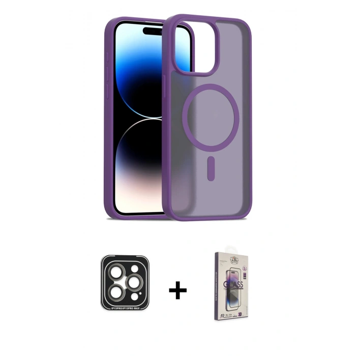 MARSİLYAN™- iPhone 15 Pro Max Kılıf Siluet Minimal Prime - Siyah Bilvis 3D Cam Ekran Koruyucu + PVD Metal Kamera Lens - GI