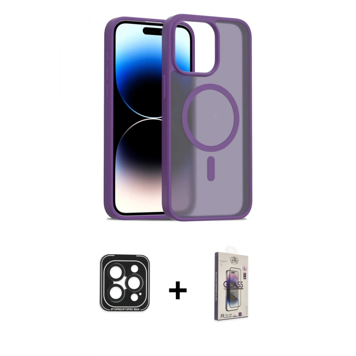 MARSİLYAN™- iPhone 15 Pro Max Kılıf Siluet Minimal Prime - Siyah Bilvis 3D Cam Ekran Koruyucu + PVD Metal Kamera Lens - SH
