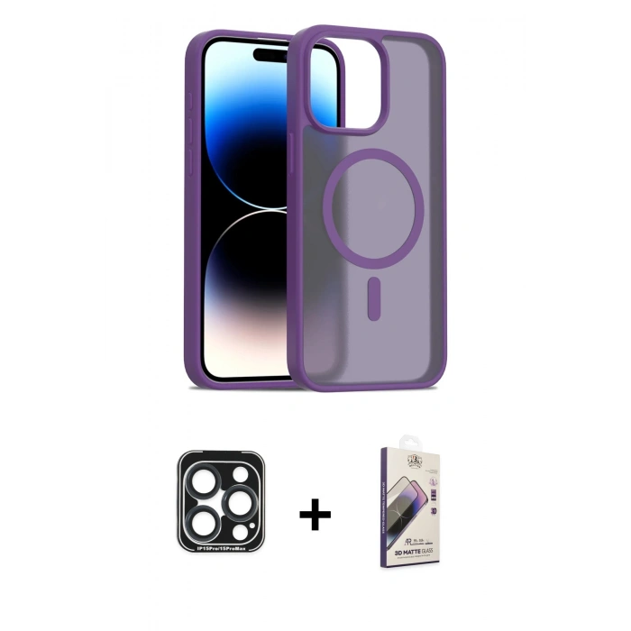 MARSİLYAN™- iPhone 15 Pro Max Kılıf Siluet Minimal Prime - Siyah Bilvis 3D Mat Cam Ekran Koruyucu + PVD Metal Kamera Lens - LT