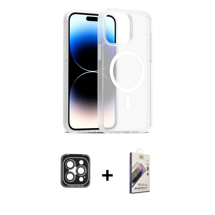 MARSİLYAN™- iPhone 15 Pro Max Kılıf Siluet Minimal Prime - Siyah Bilvis 3D Mat Cam Ekran Koruyucu + PVD Metal Kamera Lens - GI