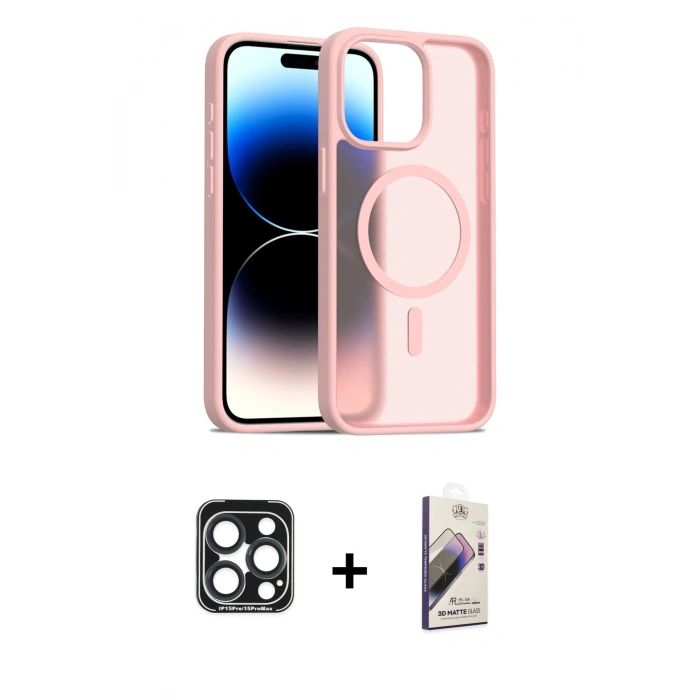 MARSİLYAN™- iPhone 15 Pro Max Kılıf Siluet Minimal Prime - Siyah Bilvis 3D Mat Cam Ekran Koruyucu + PVD Metal Kamera Lens - LT