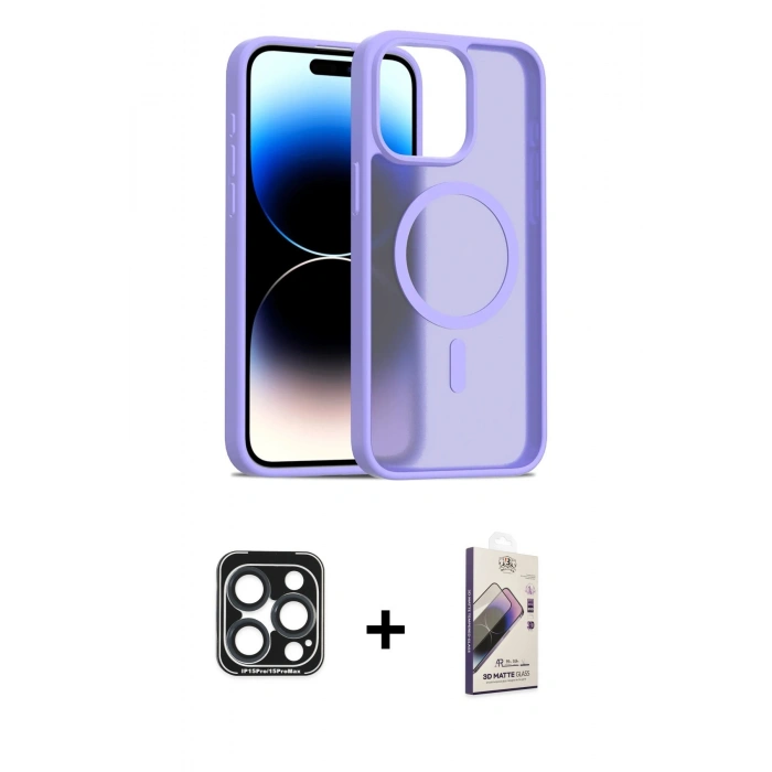 MARSİLYAN™- iPhone 15 Pro Max Kılıf Siluet Minimal Prime - Siyah Bilvis 3D Mat Cam Ekran Koruyucu + PVD Metal Kamera Lens - LT