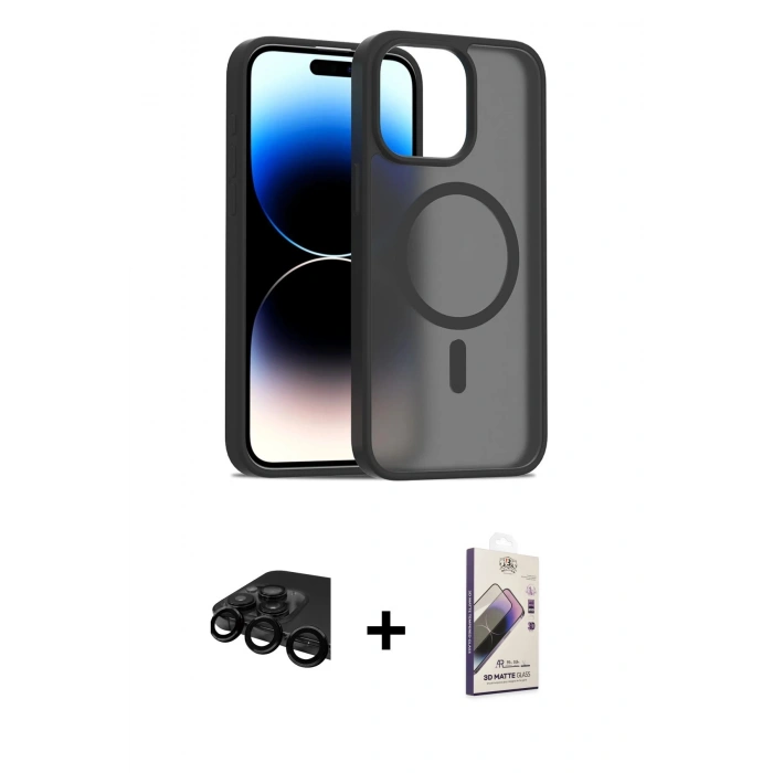 MARSİLYAN™- iPhone 15 Pro Max Kılıf Siluet Minimal Prime - Siyah Bilvis 3D Mat Cam Ekran Koruyucu + Raze Metal Kamera Lens - SH