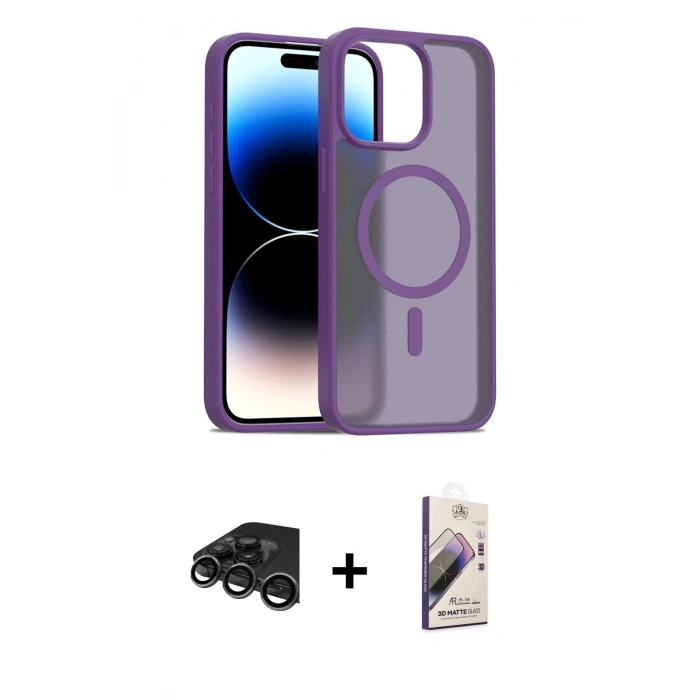 MARSİLYAN™- iPhone 15 Pro Max Kılıf Siluet Minimal Prime - Siyah Bilvis 3D Mat Cam Ekran Koruyucu + Titanyum Gri Raze Metal Kamera Lens