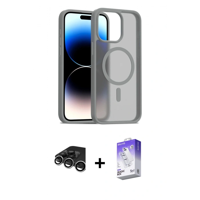 MARSİLYAN™- iPhone 15 Pro Max Kılıf Siluet Minimal Prime - Siyah Bilvis 5in1 3D Magic Cam Ekran Koruyucu + Gümüş Raze Metal Kamera Lens