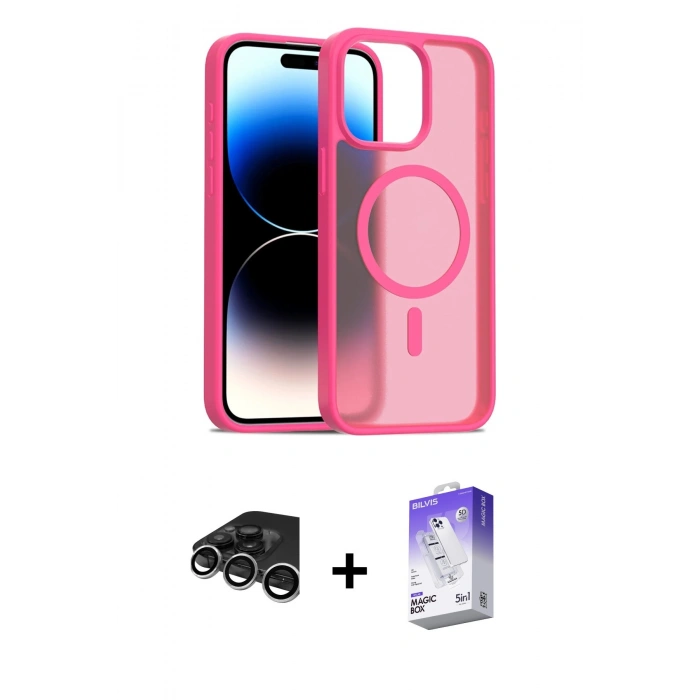 MARSİLYAN™- iPhone 15 Pro Max Kılıf Siluet Minimal Prime - Siyah Bilvis 5in1 3D Magic Cam Ekran Koruyucu + Gümüş Raze Metal Kamera Lens